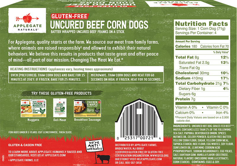Products Hot Dogs Natural GlutenFree Beef Corn Dogs Applegate